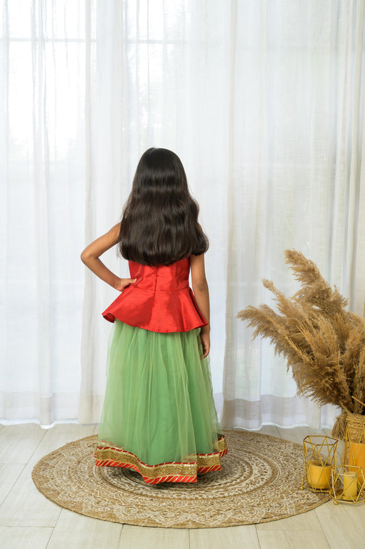 Red Peplum Embroidered top with lehenga Set