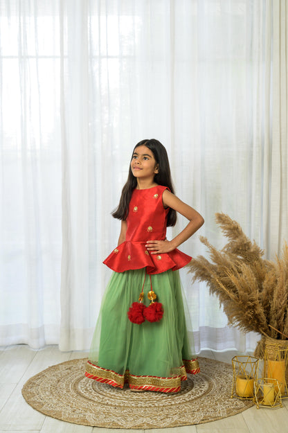 Red Peplum Embroidered top with lehenga Set