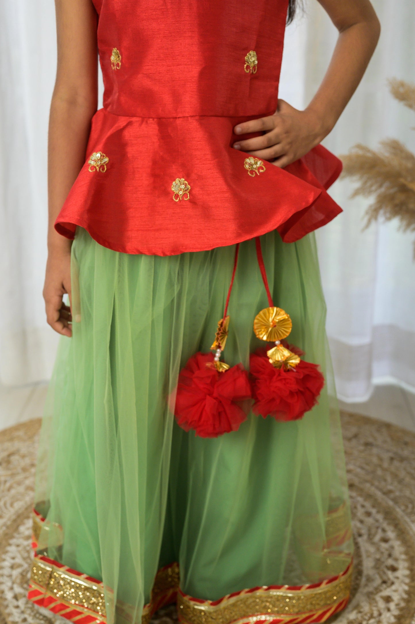 Red Peplum Embroidered top with lehenga Set