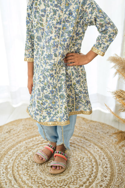 Blue Floral Cotton Kurta Set
