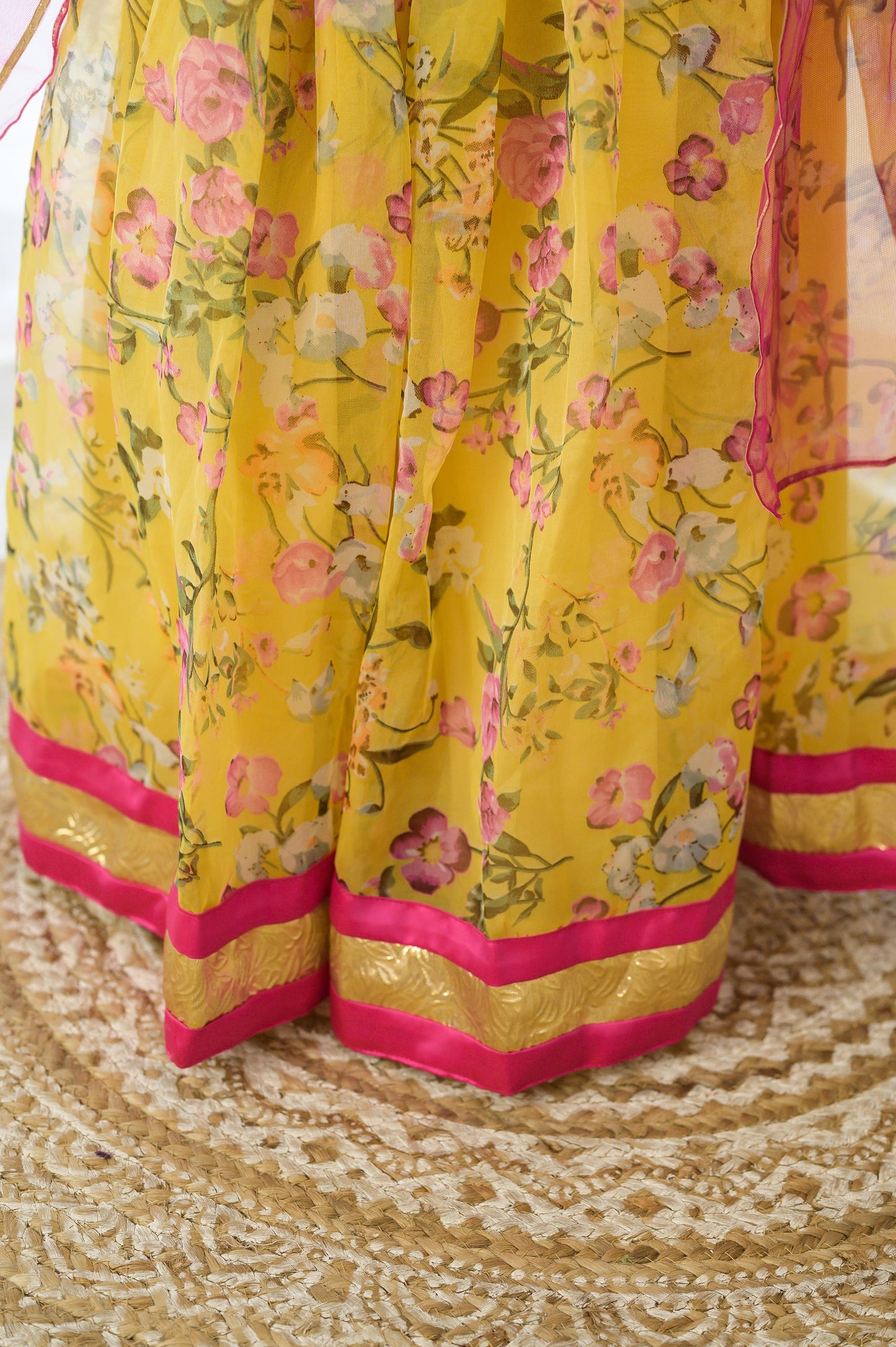 Yellow Organza lehenga with Pink Offshoulder