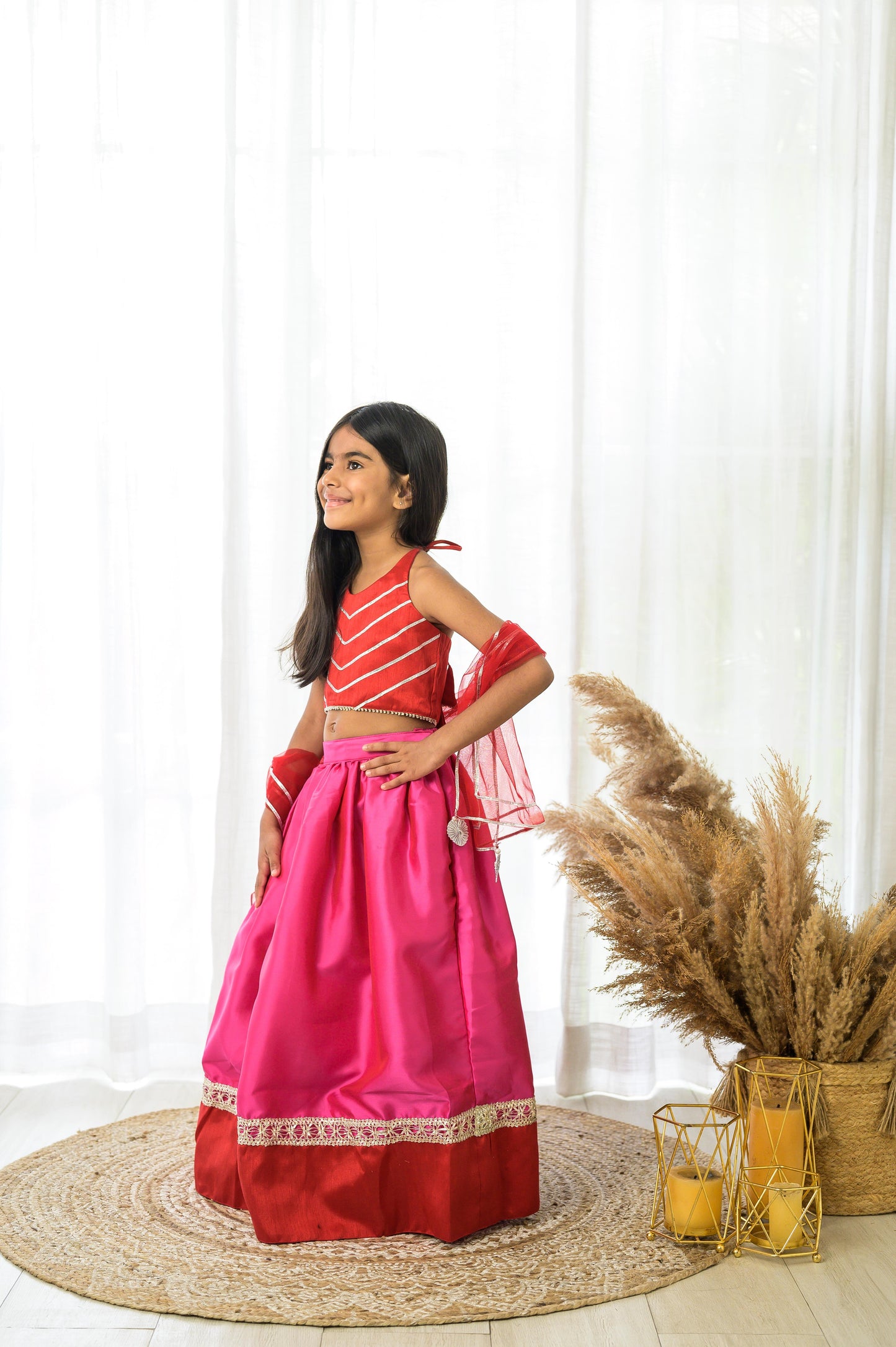 Red and Pink Halter Lehenga Set with Dupatta