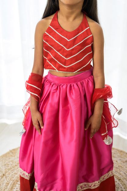 Red and Pink Halter Lehenga Set with Dupatta
