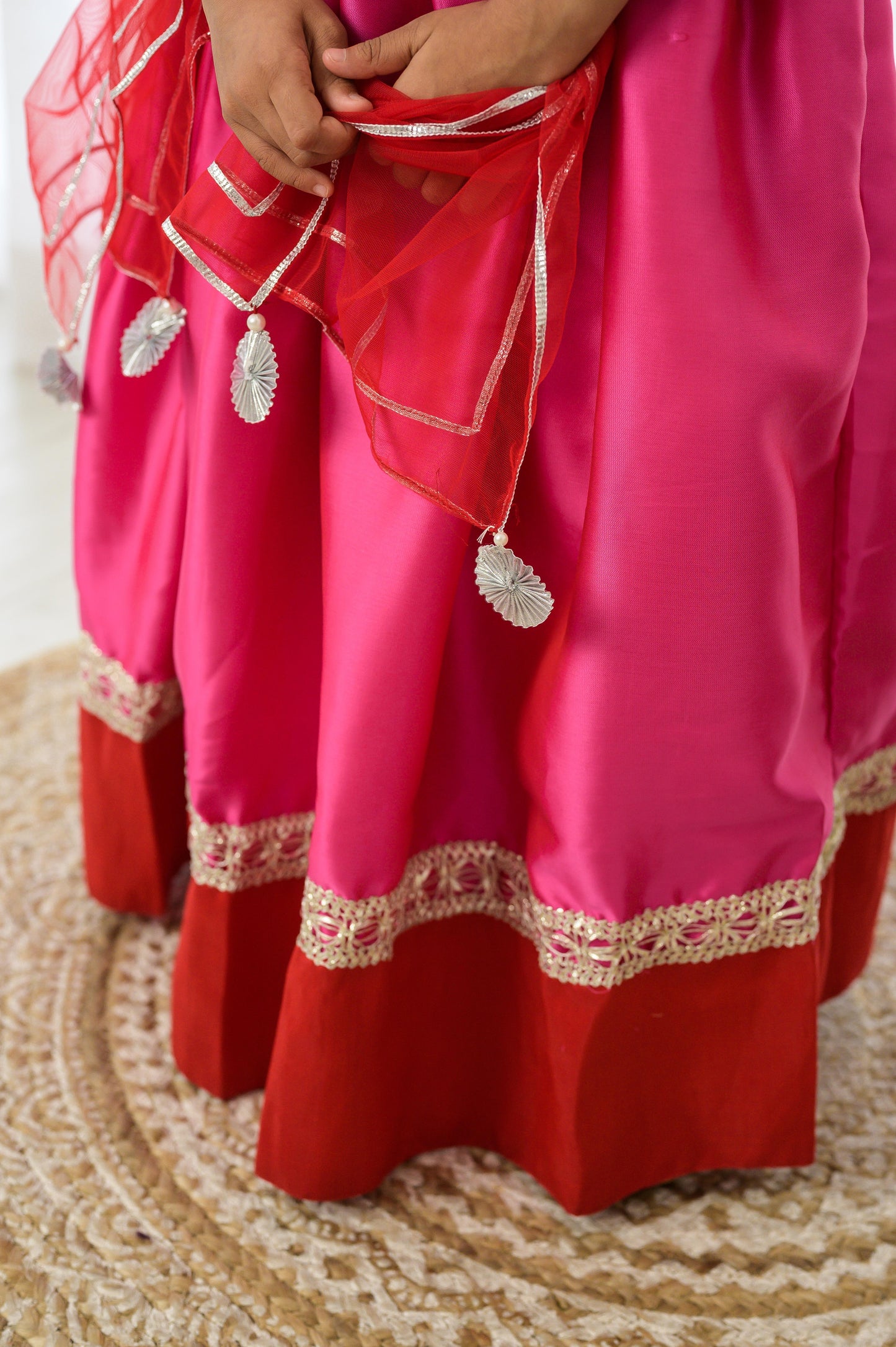 Red and Pink Halter Lehenga Set with Dupatta