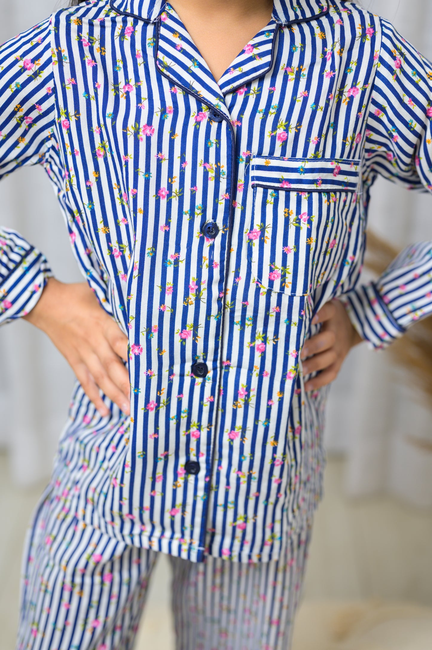 Cotton Strip With Full Sleeve Night Dress-Blue