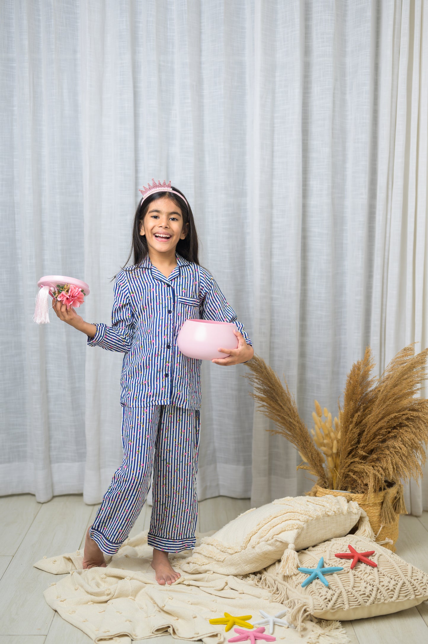 Cotton Strip With Full Sleeve Night Dress-Blue