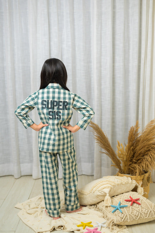 Cotton Checks With Full Sleeve ad Embroidery At Back Night Dress - Green