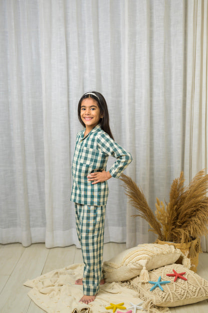Cotton Checks With Full Sleeve ad Embroidery At Back Night Dress - Green