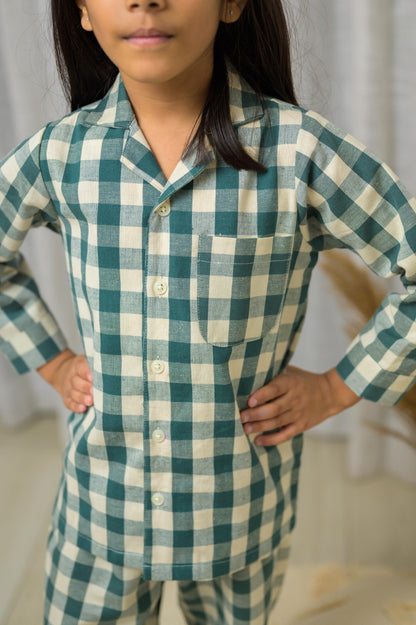 Cotton Checks With Full Sleeve ad Embroidery At Back Night Dress - Green