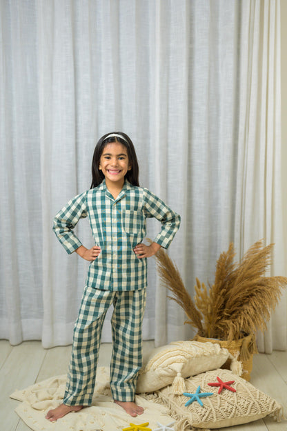 Cotton Checks With Full Sleeve ad Embroidery At Back Night Dress - Green