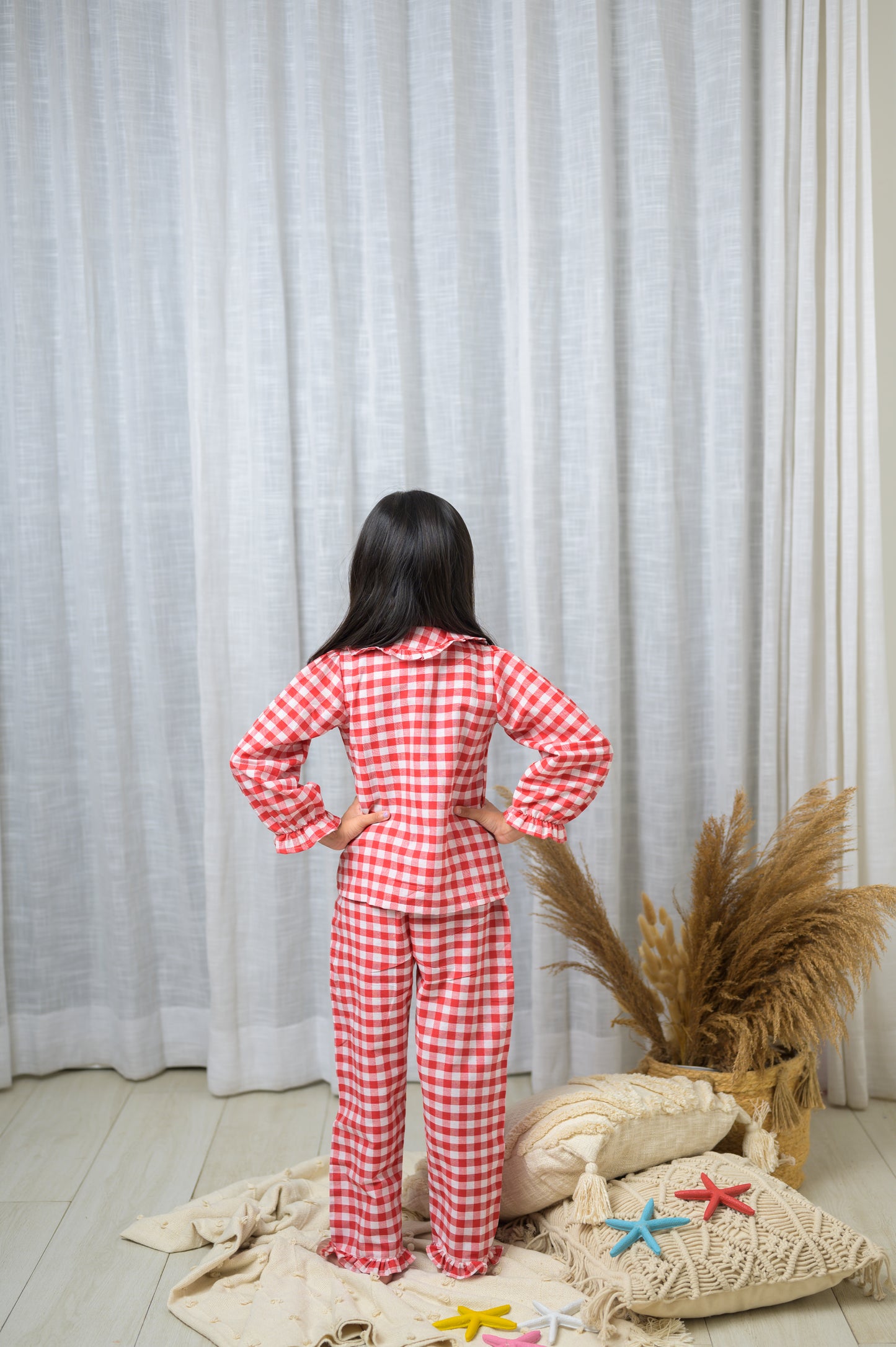 Cotton Checks Peter Pan Collar Full Sleeves Night Dress Red