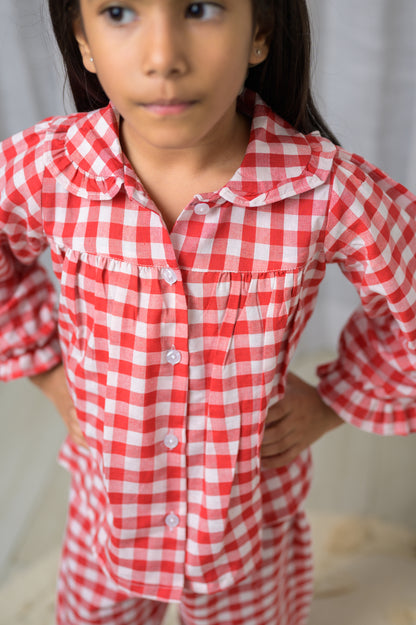 Cotton Checks Peter Pan Collar Full Sleeves Night Dress Red