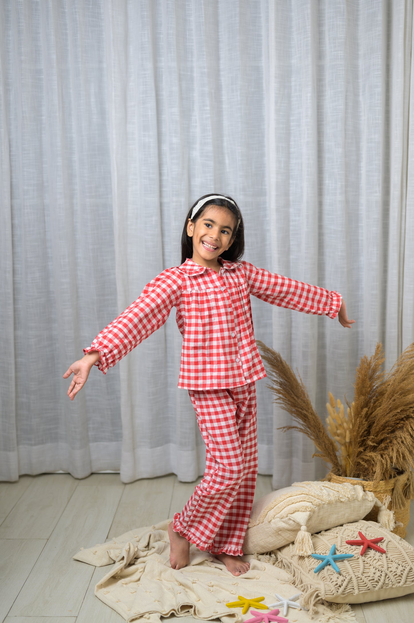 Cotton Checks Peter Pan Collar Full Sleeves Night Dress Red