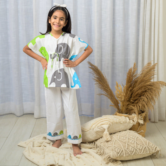 Cotton Elephant Print Full Sleeve Night Dress Multi