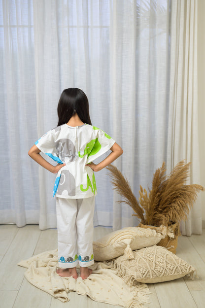 Cotton Elephant Print Full Sleeve Night Dress Multi