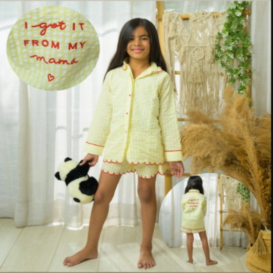 Yellow Checks Night Dress With Fine Embroidery And Caption