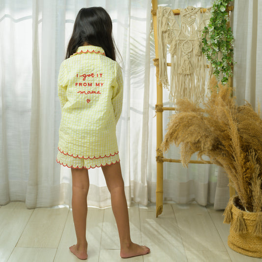 Yellow Checks Night Dress With Fine Embroidery And Caption