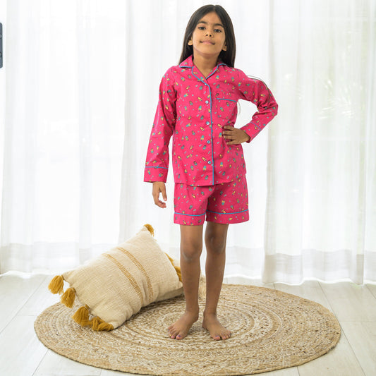 Pink Poplin Cotton Night dress With Shorts