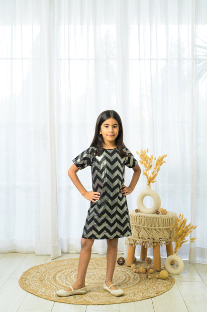 Zig Zag  Sequence Half Sleeves Party Dress- Black