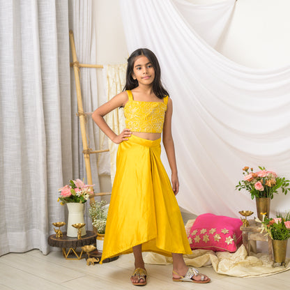 Yellow Embroidered Designer Top with Drape Skirt Set