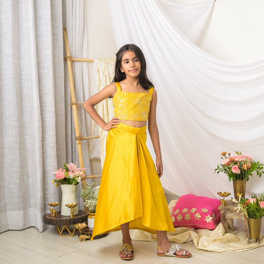 Yellow Embroidered Designer Top with Drape Skirt Set