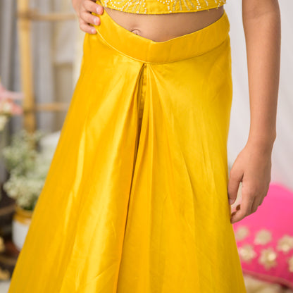Yellow Embroidered Designer Top with Drape Skirt Set