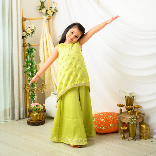 Green Sharara Set with Golden Buti Top