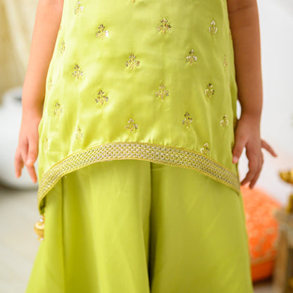 Green Sharara Set with Golden Buti Top