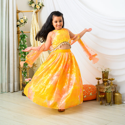 Tie and Dye Yellow Sequin Partywear Lehenga Set