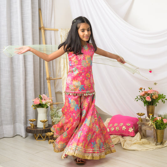 Pink Abstract Printed Sharara Set with Dupatta