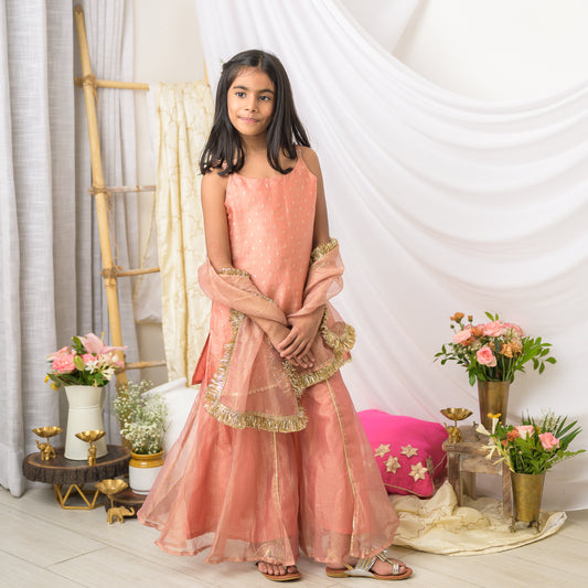 Girls Designer Sharara Set in  PeachTissue with Dupatta