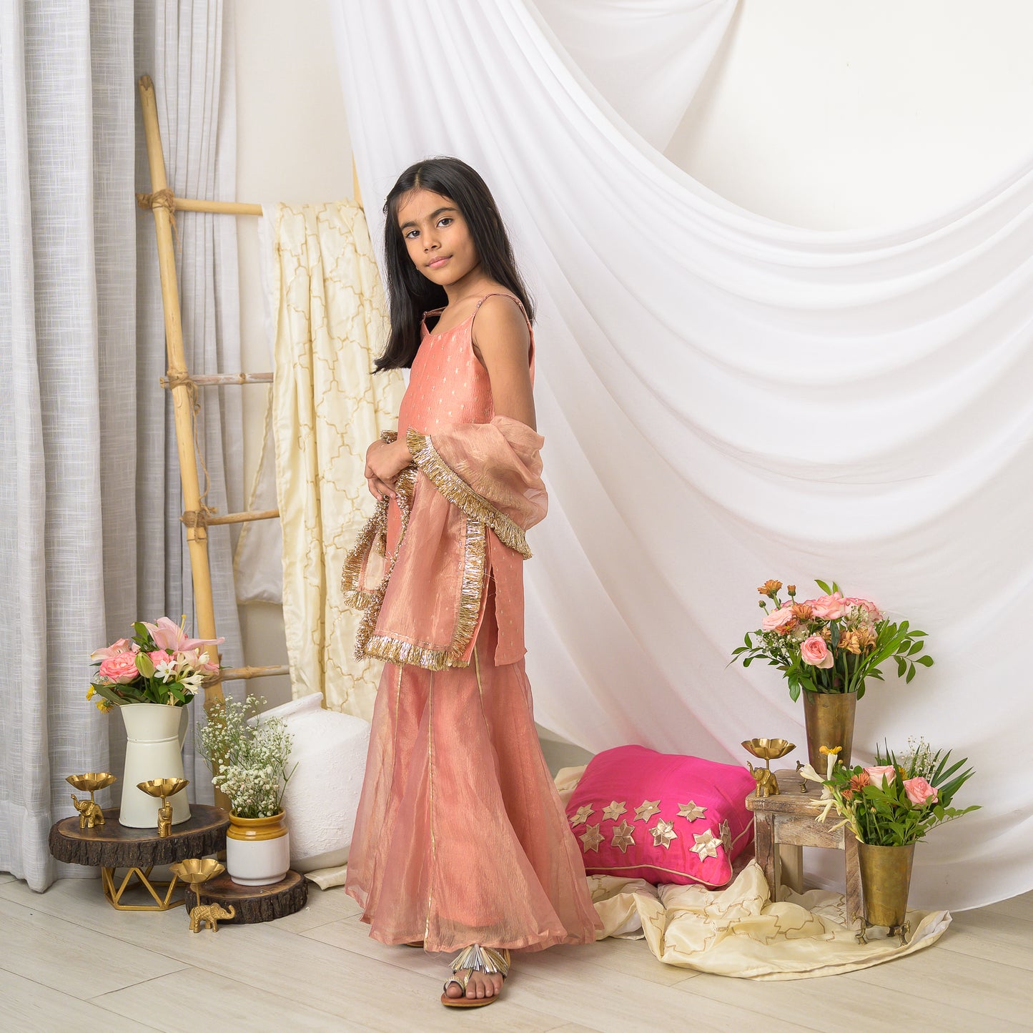 Girls Designer Sharara Set in  PeachTissue with Dupatta
