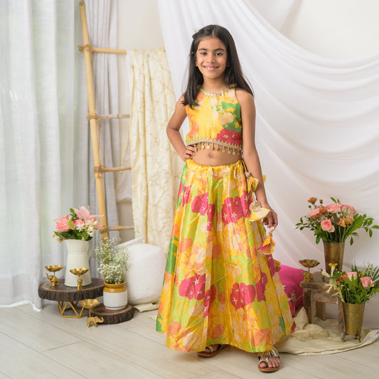 Yellow Festive Wear Girls Floral Crop Top Lehenga Set