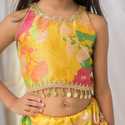 Yellow Festive Wear Girls Floral Crop Top Lehenga Set