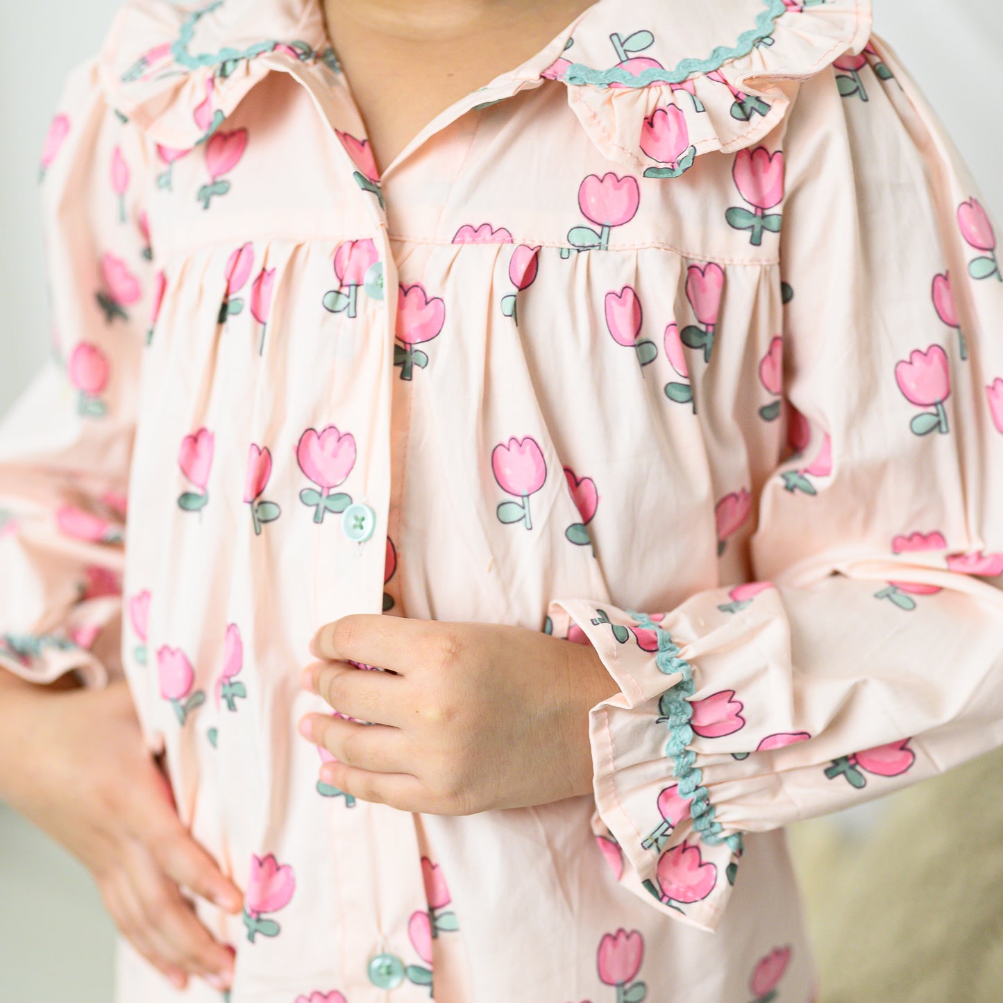 Pink Floral Cotton Night Dress with Pants