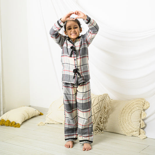 Beige Checks Flannel Night Dress