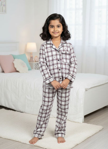 Fairies Forever Maroon Heart Print Checks Night Suit With Pant-White