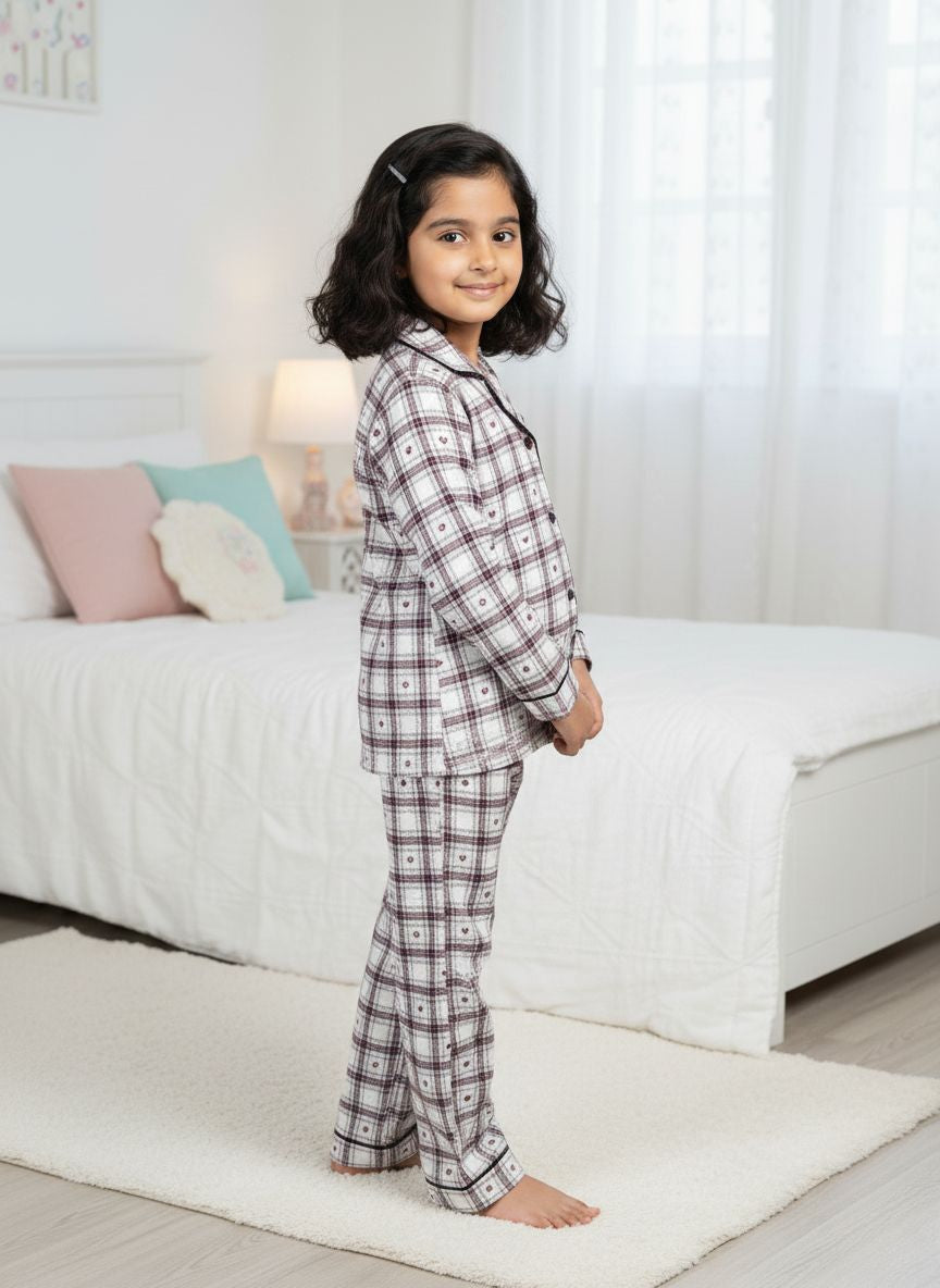 Fairies Forever Maroon Heart Print Checks Night Suit With Pant-White
