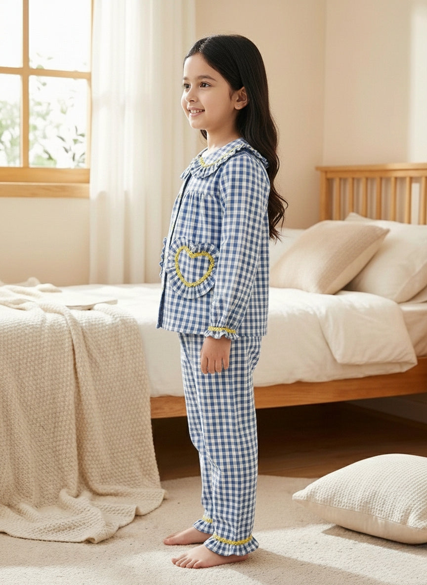 Fairies Forever Blue Checks Cotton Night Suit With Pants-Blue