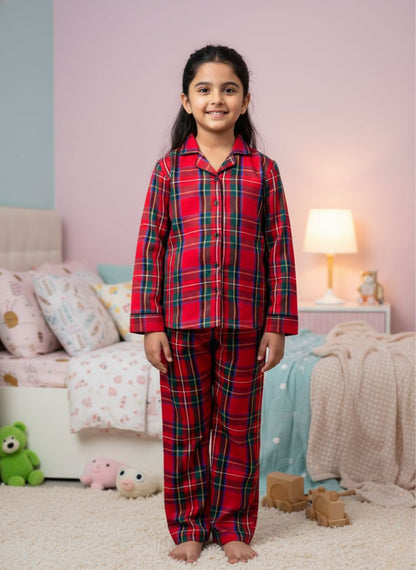 Fairies Forever Red Checks Cotton Night Suit With Pants-Red
