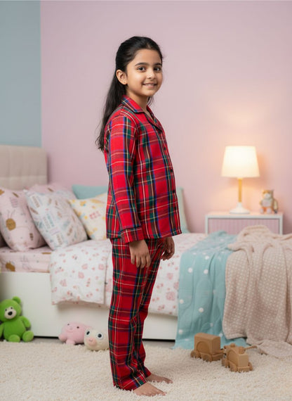 Fairies Forever Red Checks Cotton Night Suit With Pants-Red