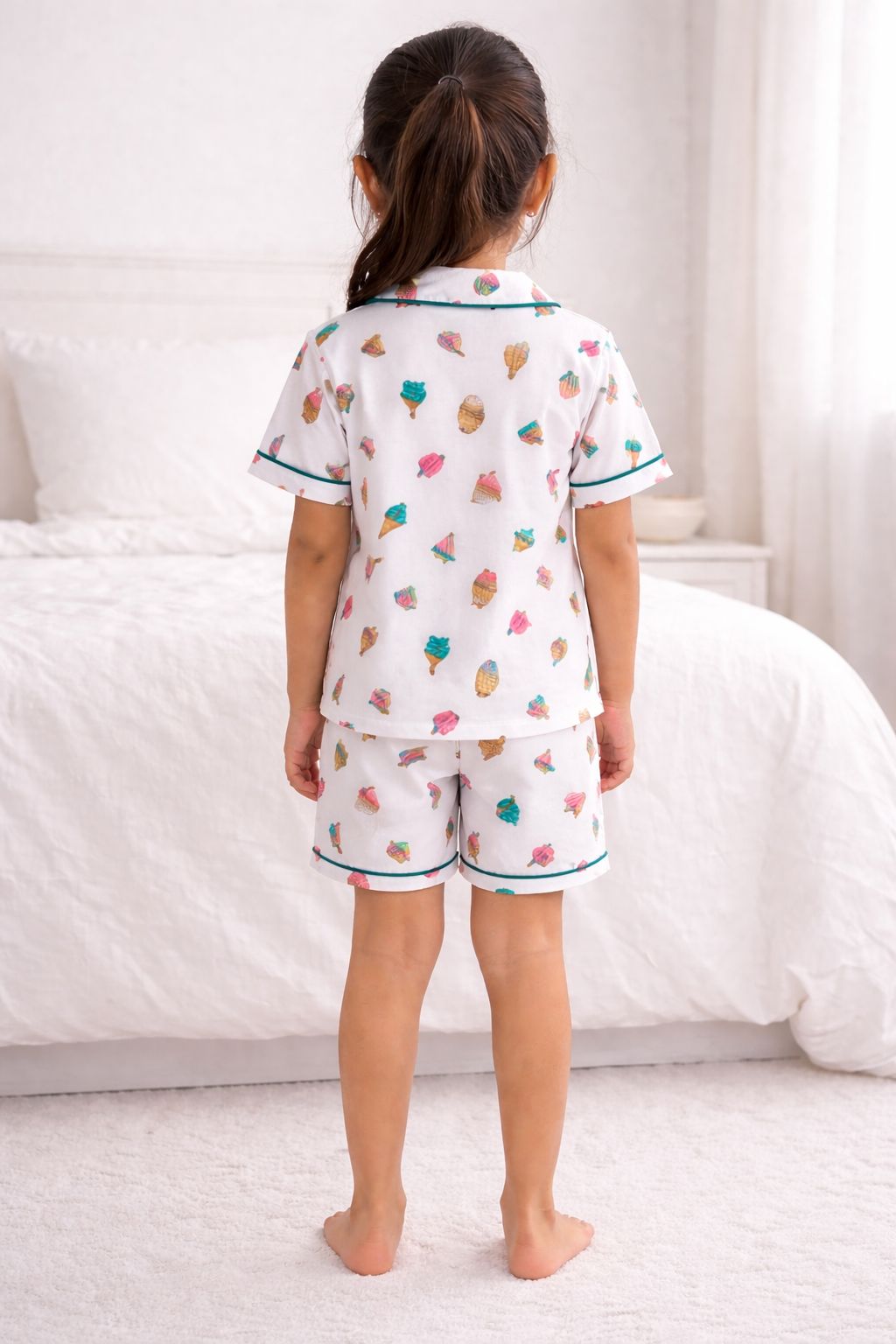 White ice-cream Print Cotton Night Suit With Shorts