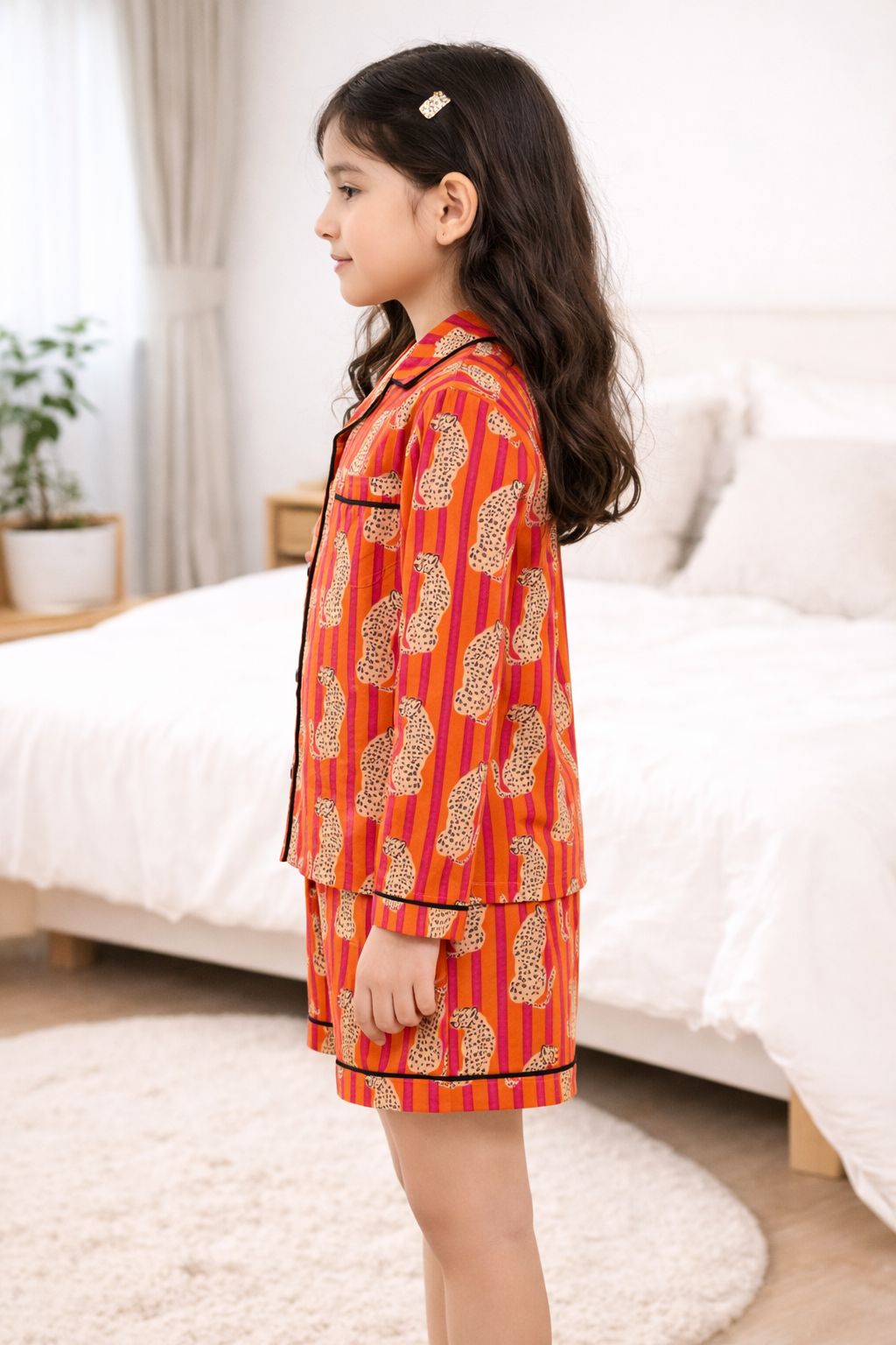Orange Leopard Print Mom Twinning Cotton Night Suit