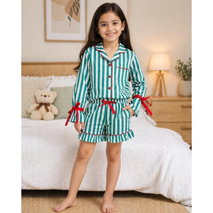 Green Stripes Mom Twinning Cotton Night Suit