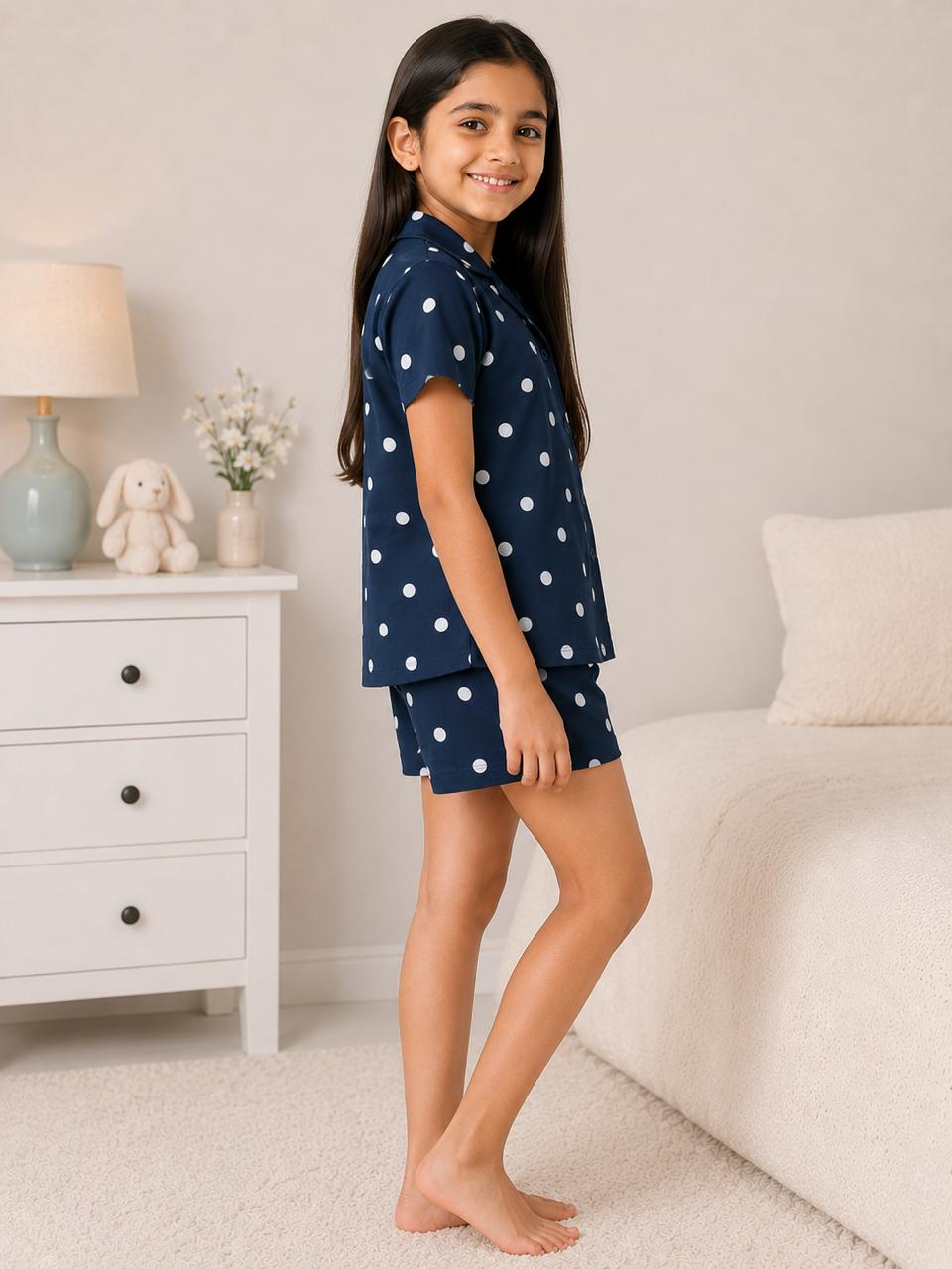 Blue Polka Dot Mom Twinning Cotton Night Suit