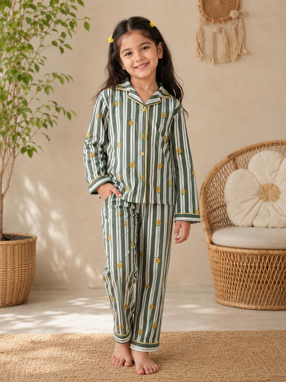 Pink Stripes Floral Mom Twinning Cotton Night Suit