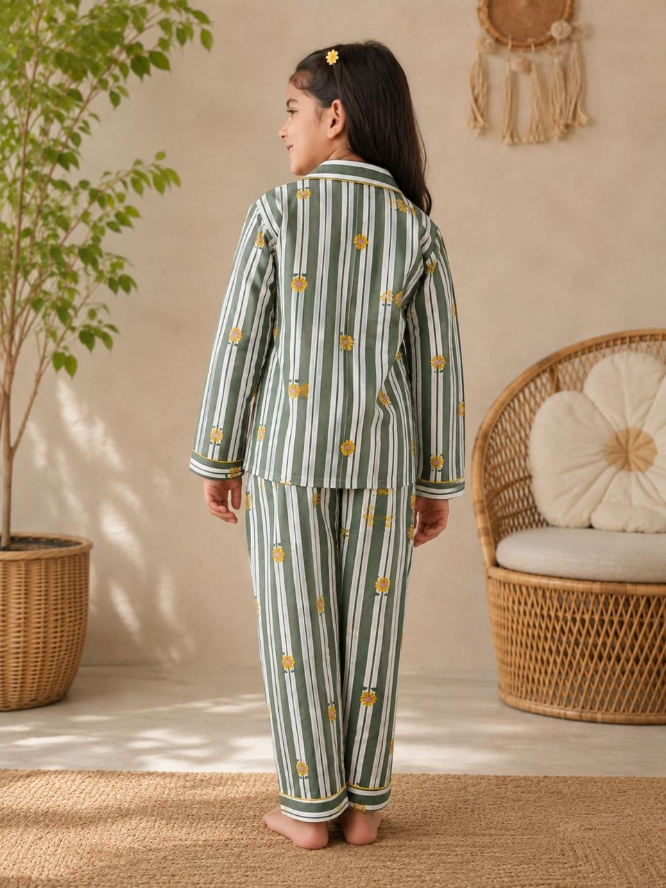 Pink Stripes Floral Mom Twinning Cotton Night Suit
