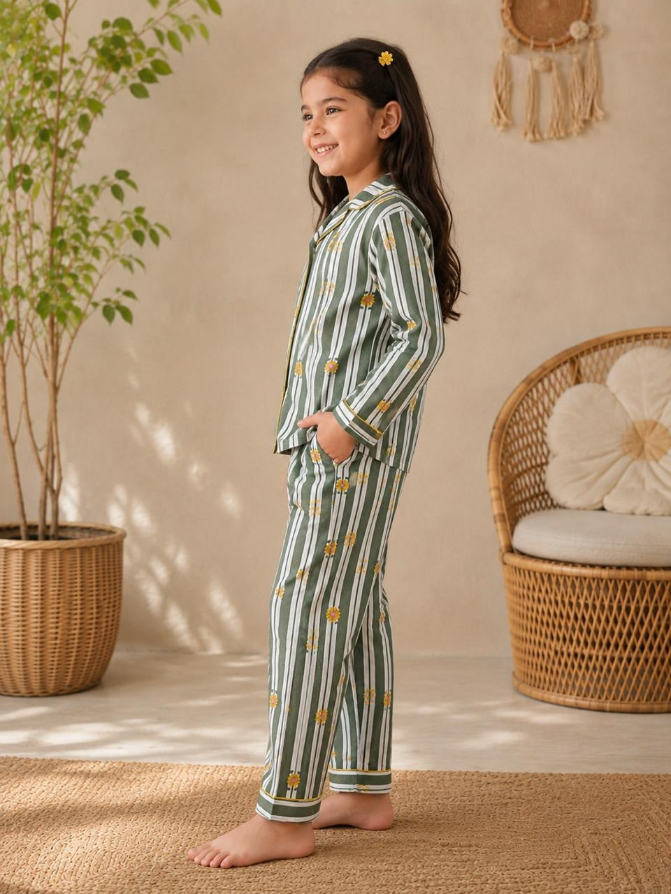 Pink Stripes Floral Mom Twinning Cotton Night Suit