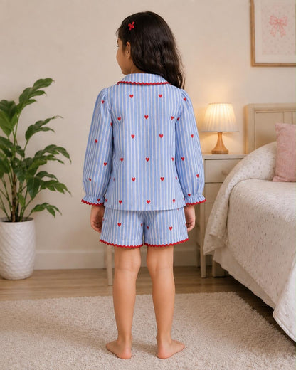 Blue Heart Print Mom Twinning Cotton Night Suit