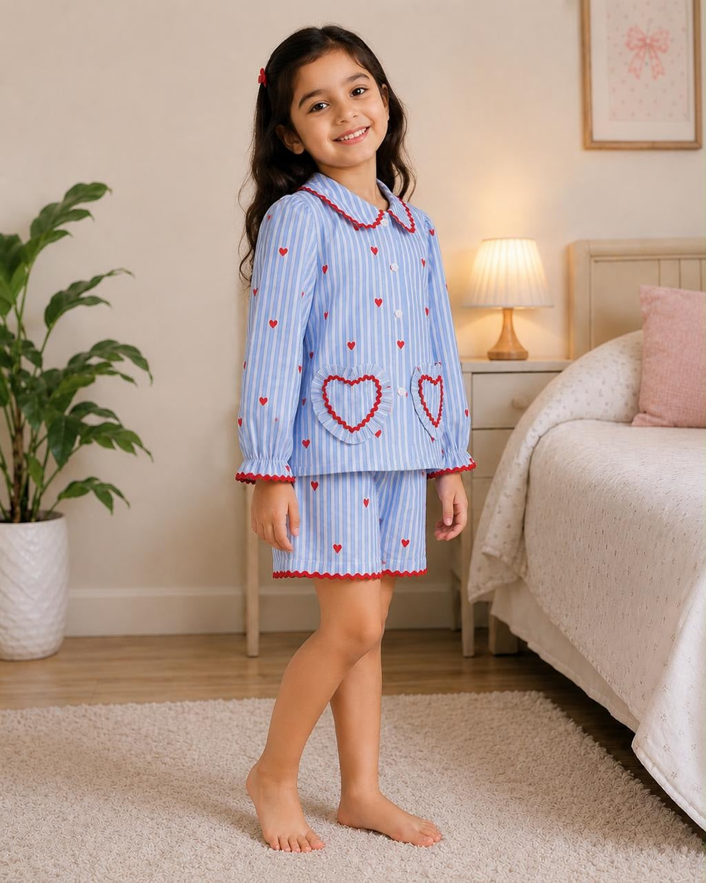 Blue Heart Print Mom Twinning Cotton Night Suit